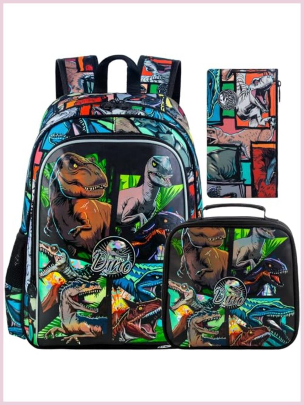 Boys 16 Inch Dinosaur Backpack Set Water Resistant 3PCS with Lunch Box